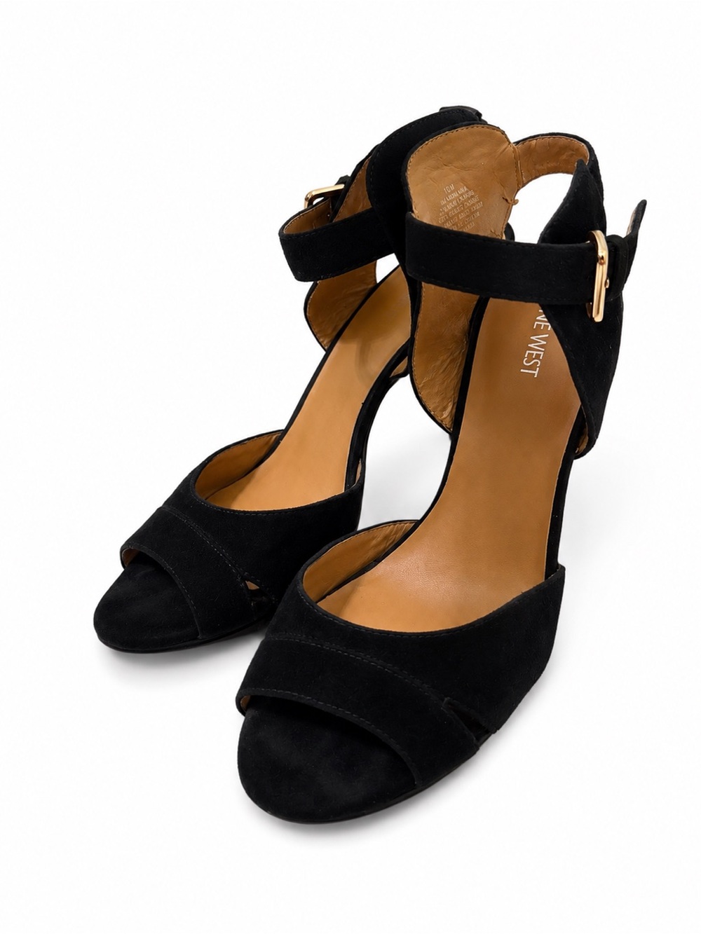 Nine West Black Suede Open-Toe Ankle Strap Heels
